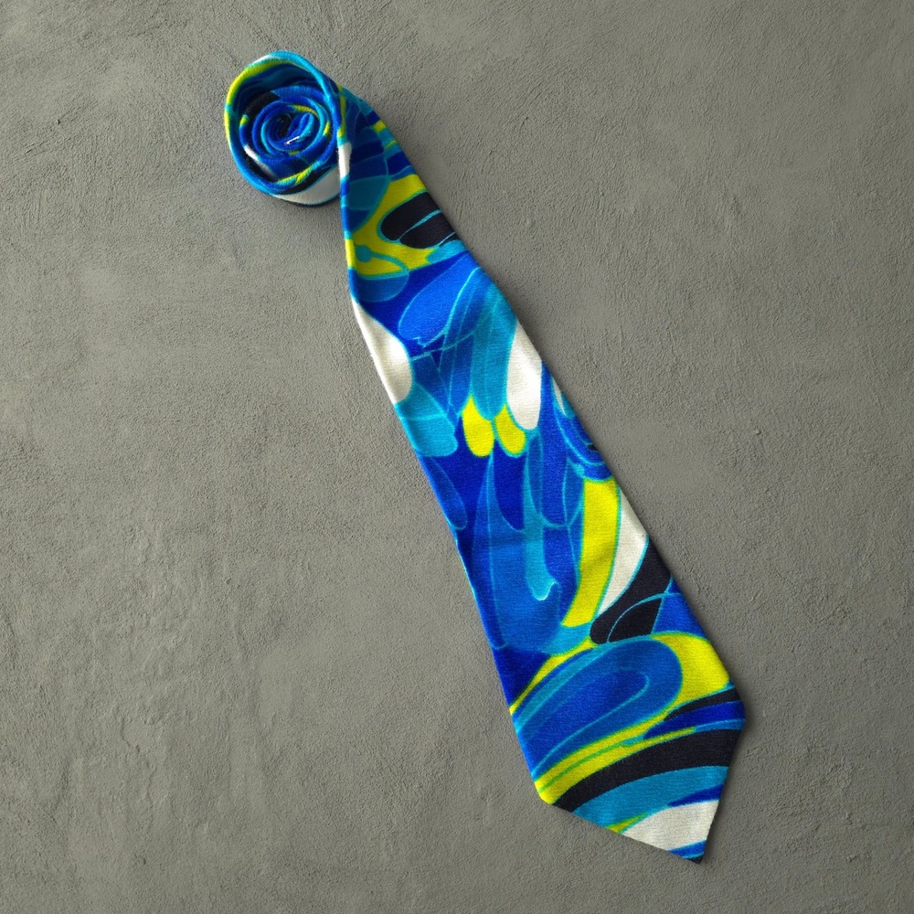 Vintage 60s Esther Stuckey Blue Hawaiian Novelty Tie OS Cotton Blend Made in USA
